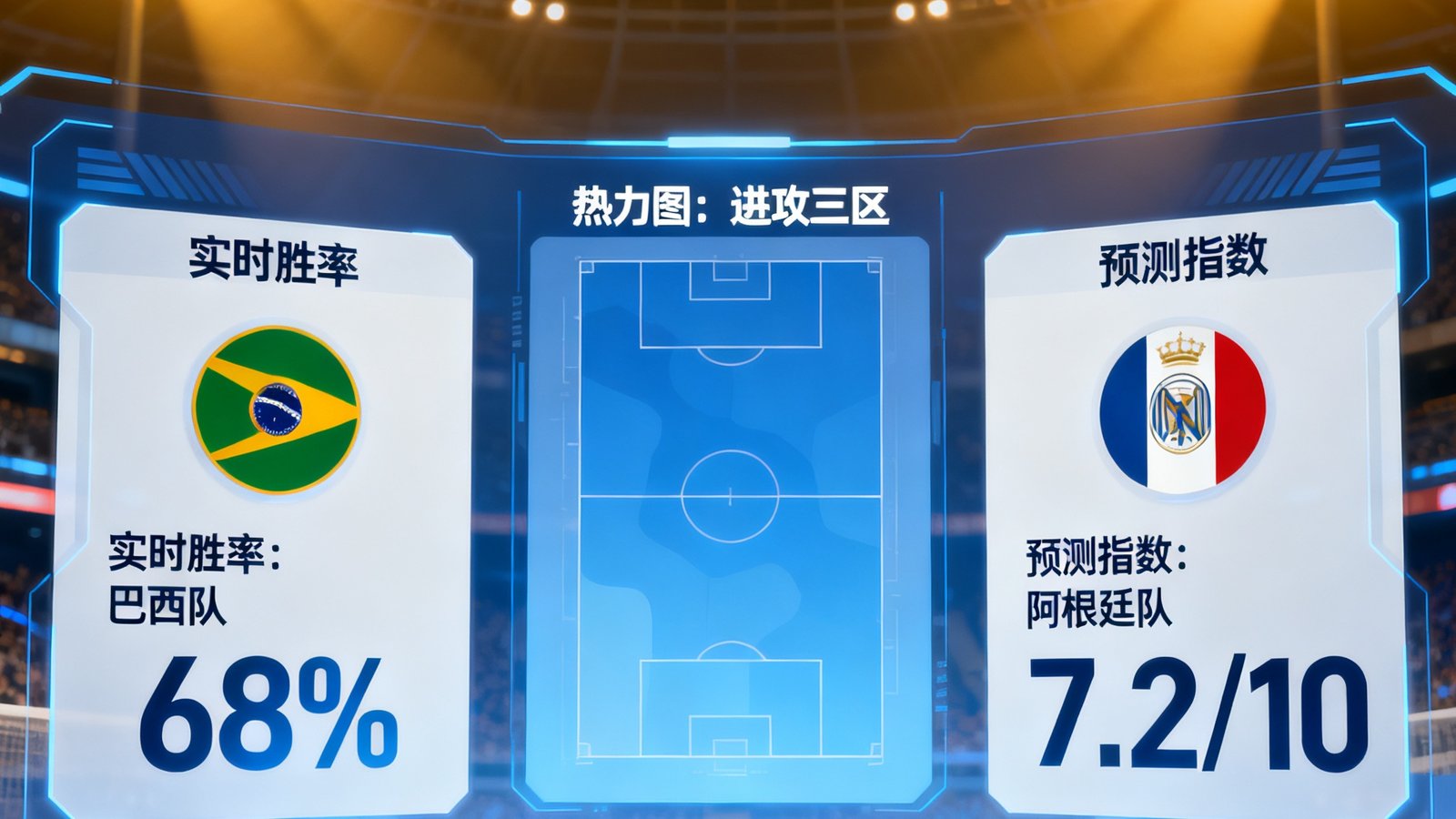 世界杯AI数据面板展示实时胜率、热力图与预测指数，背景为球场灯光